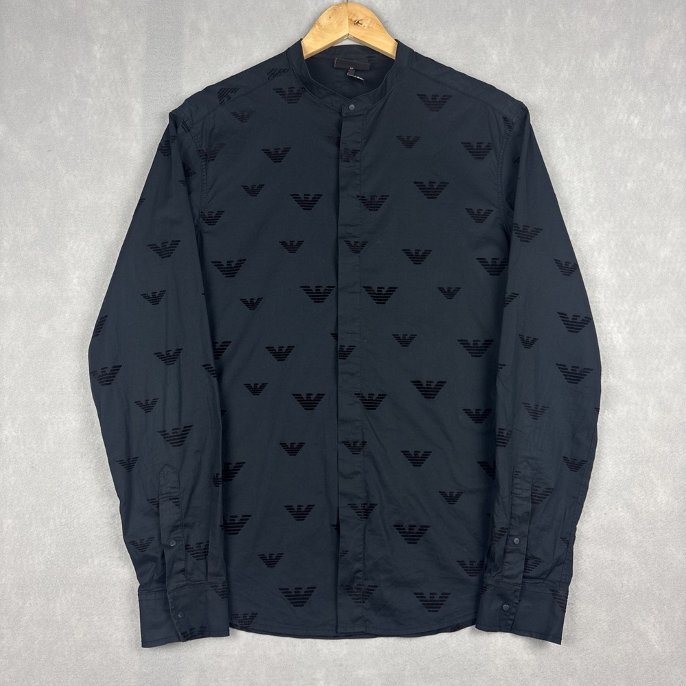 Emporio Armani Button Up Shirt Men’s Medium Black Stylized Eagle AOP Band Collar